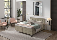 Boxspringbett Van Gogh – Knopf-Steppung, Webstoff Beige-Taupe – Milieu-Ansicht ohne Fußteil | Betten Deluxe