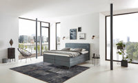 Boxspringbett Pollock – horizontale Steppung, Leinen-Webstoff Natur – Milieu-Ansicht ohne Fußteil | Betten Deluxe