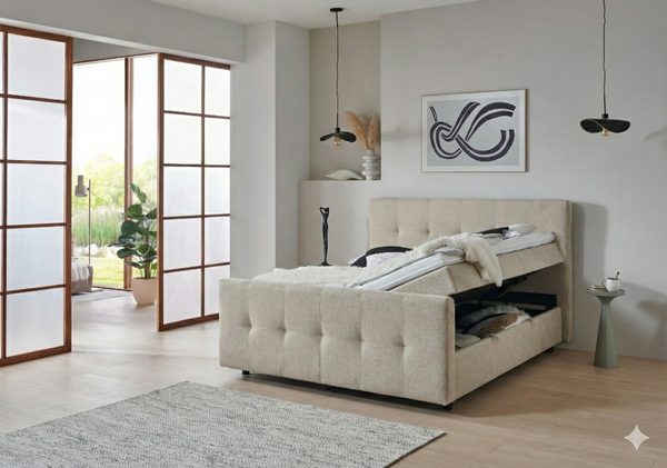 Boxspringbett BD-300 mit Bettkasten 140/160/180x200  Stoff grau/beige, H3, schnell lieferbar