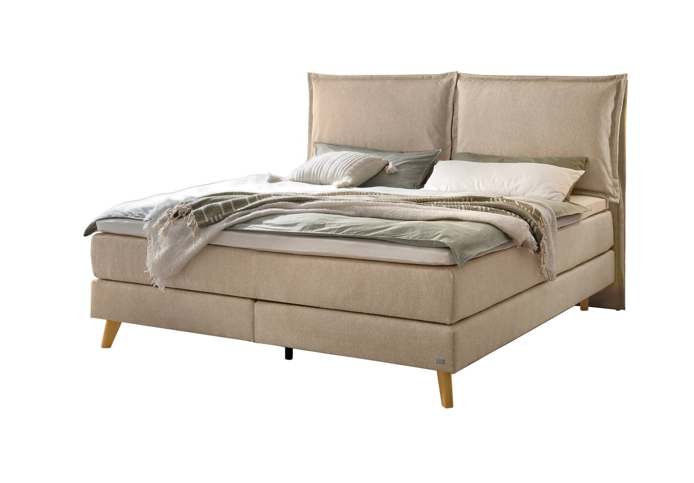 Suvi Boxspringbett in Beige mit Kissen-Kopfteil, Größen 140×200 / 160×200 / 180×200 / 200×200 cm – Betten Deluxe