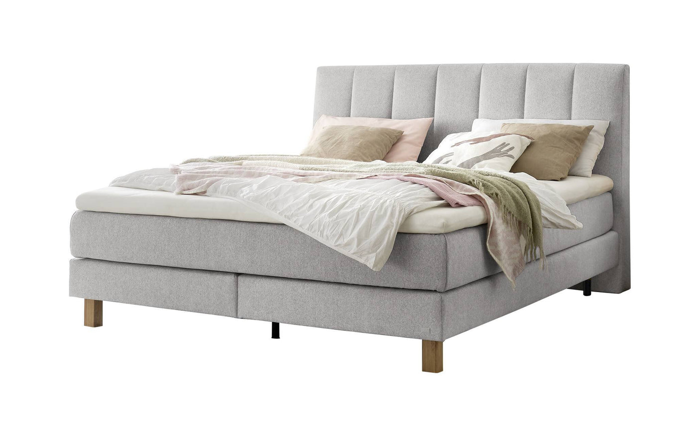 Liva Boxspringbett in Hellgrau mit gestepptes Kopfteil, Größen 140×200 / 160×200 / 180×200 / 200×200 cm – Betten Deluxe