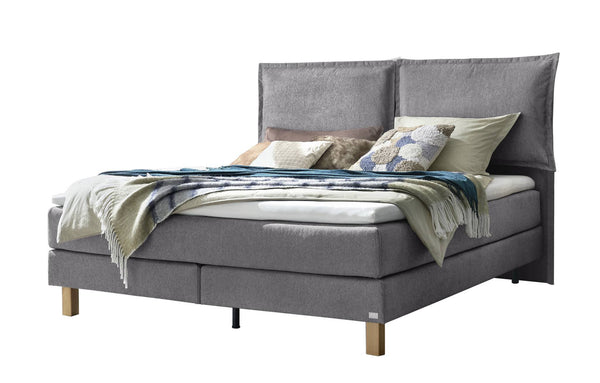 Vela Boxspringbett Grau – Kissen-Kopfteil, Wendematratze H2/H3