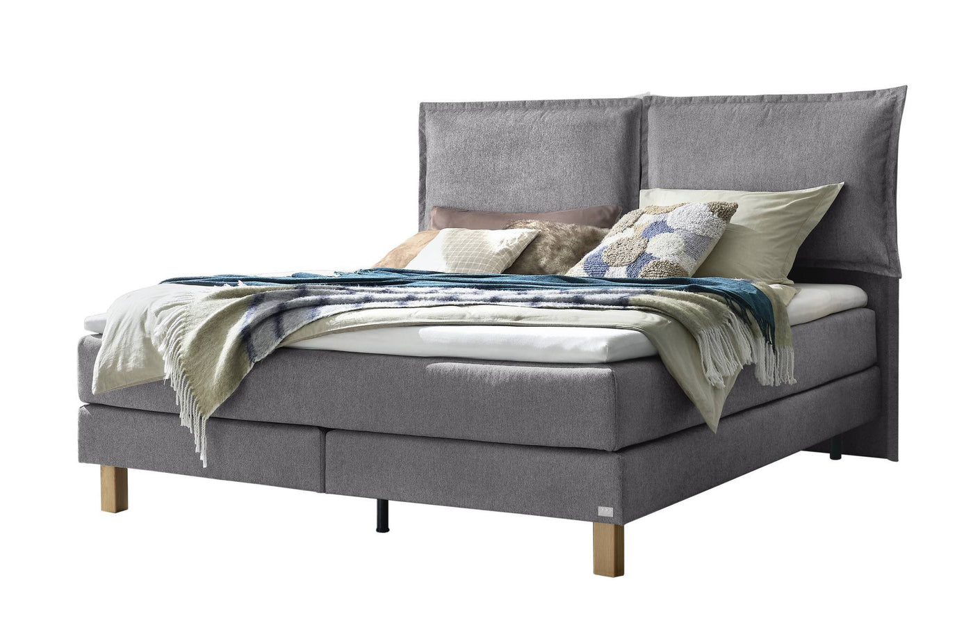 Vela Boxspringbett in Grau mit Kissen-Kopfteil, Größen 140×200 / 160×200 / 180×200 / 200×200 cm – Betten Deluxe