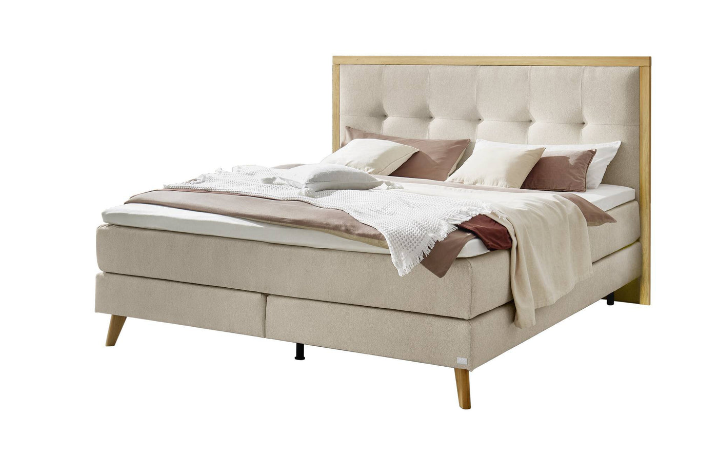 Royal Boxspringbett in Beige mit Kopfteil mit Karosteppung, Größen 140×200 / 160×200 / 180×200 / 200×200 cm – Betten Deluxe