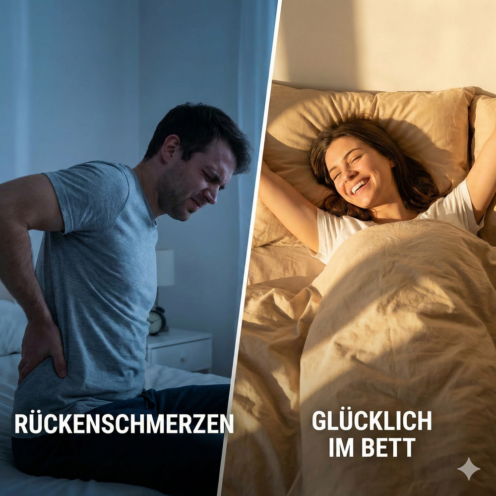 Split-Screen Grafik: Links eine Person mit Rückenschmerzen, rechts eine glücklich schlafende Person im Boxspringbett. Ihr Problemlöser für gesunden Schlaf bei Betten Deluxe in Düsseldorf.