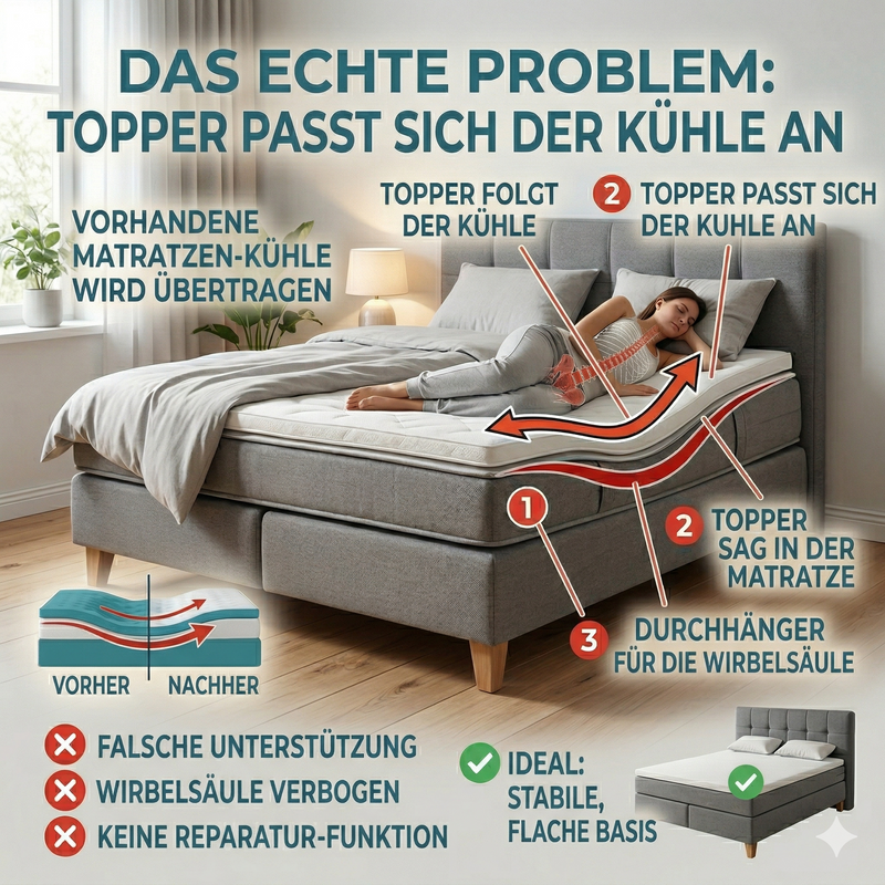 Infografik zum Problem bei Boxspringbetten: Ein Topper gleicht keine Kuhle aus, sondern passt sich der Vertiefung der Matratze an, was zu einer schlechten Körperstützung führt.
