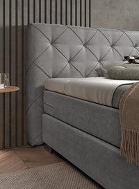 Boxspringbett Rembrandt – Rauten-Steppung, Samt Grau – Kopfteil-Nahaufnahme | Betten Deluxe