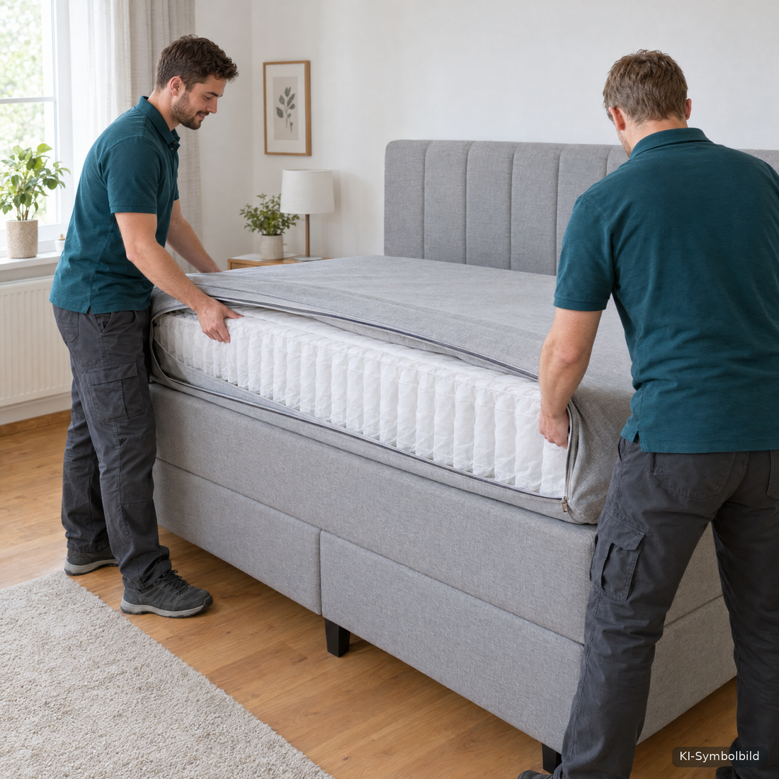 Vor-Ort-Wechselservice: Zwei Monteure setzen den neuen Matratzenkern in den Bezug des Boxspringbetts ein – Symbolbild (KI-Grafik)